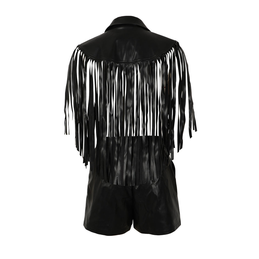 MUNSIEUR PU Leather Sleeveless Tassel Top Two Piece Bottoms Set