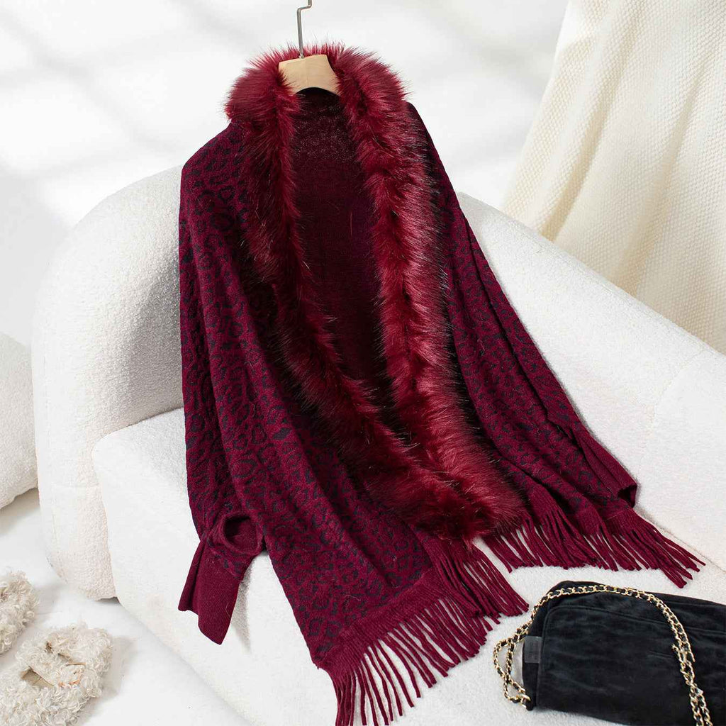 Leopard Print Fur Collar Loose Batwing Sleeve Sweater Cape Cardigan Women (one size fits all)