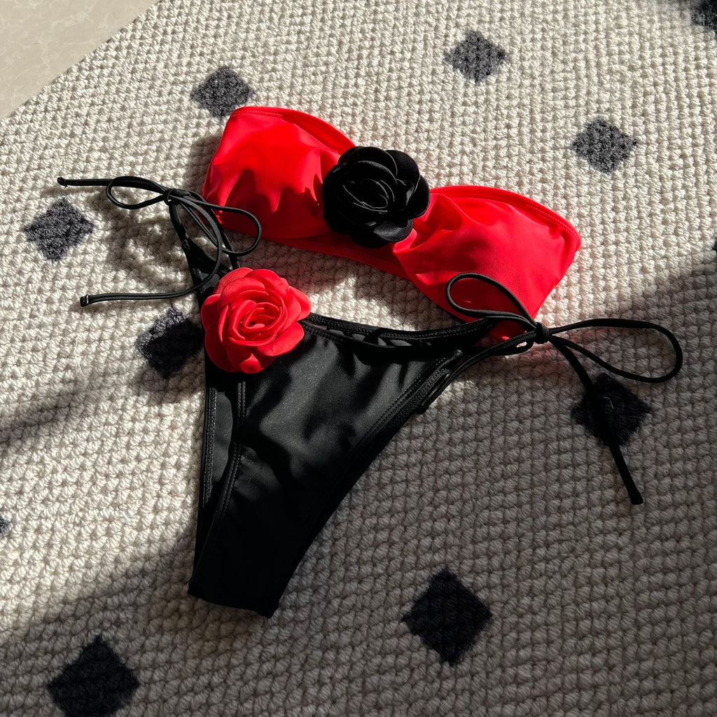 Color Matching Rose Tube Top Lace up Drawstring Strap Split Swimsuit Bikini
