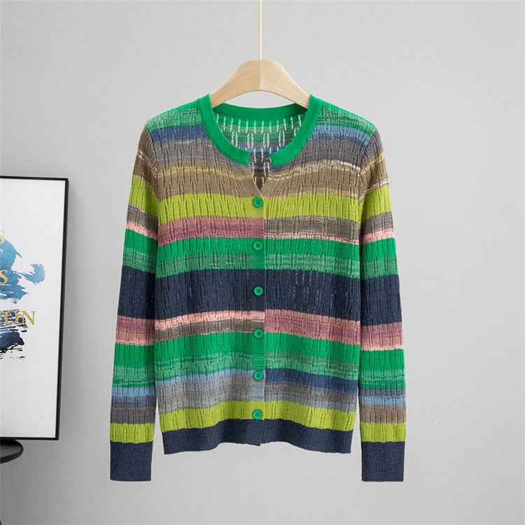 Striped Long Sleeved Loose Knitted Cardigan Sweater