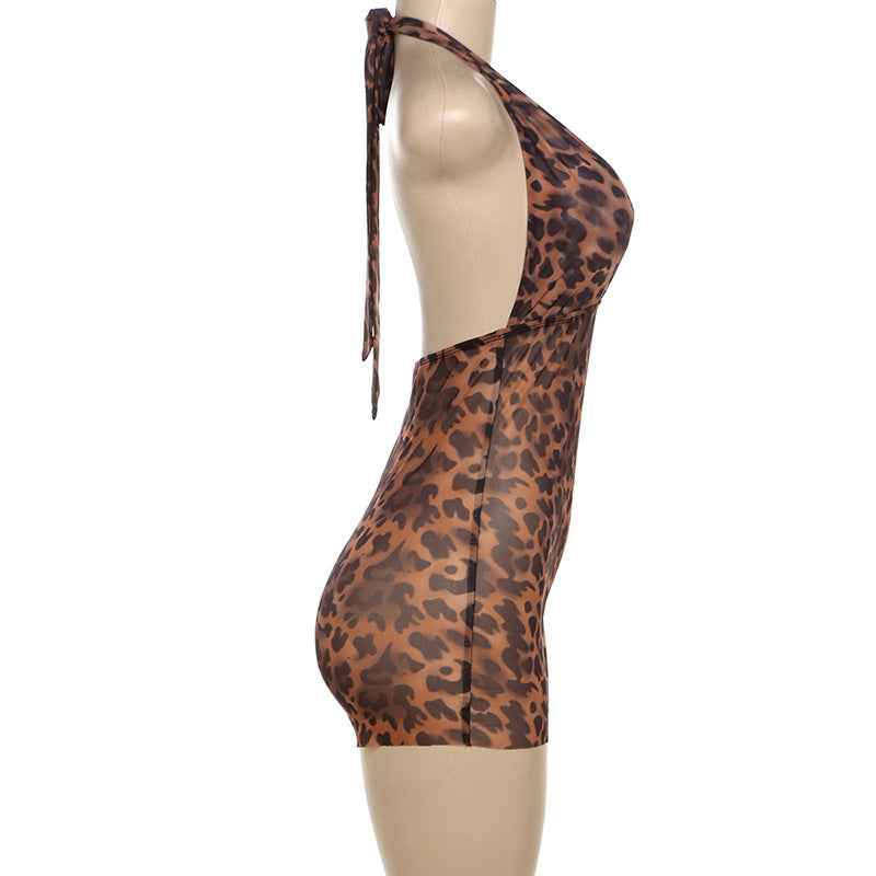 Summer Style Women's Sexy Deep V Plunge Backless Halter Butt Lifting Leopard Print Romper