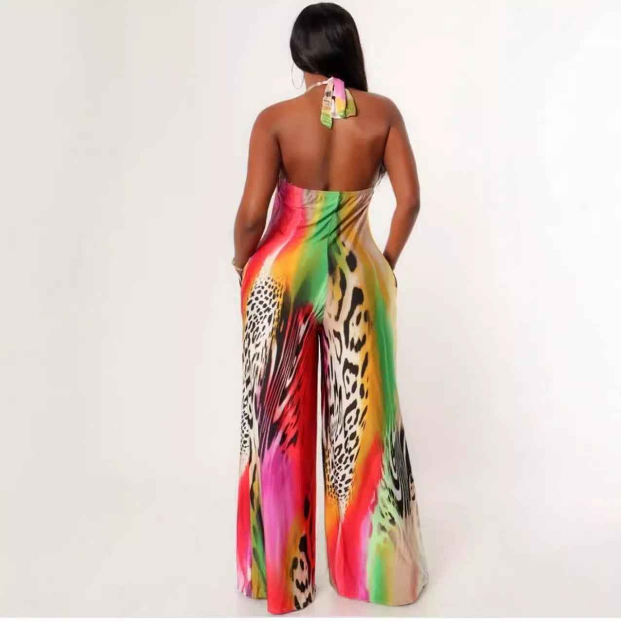 Printed Halter Strap Backless Slim Fit Jumpsuit