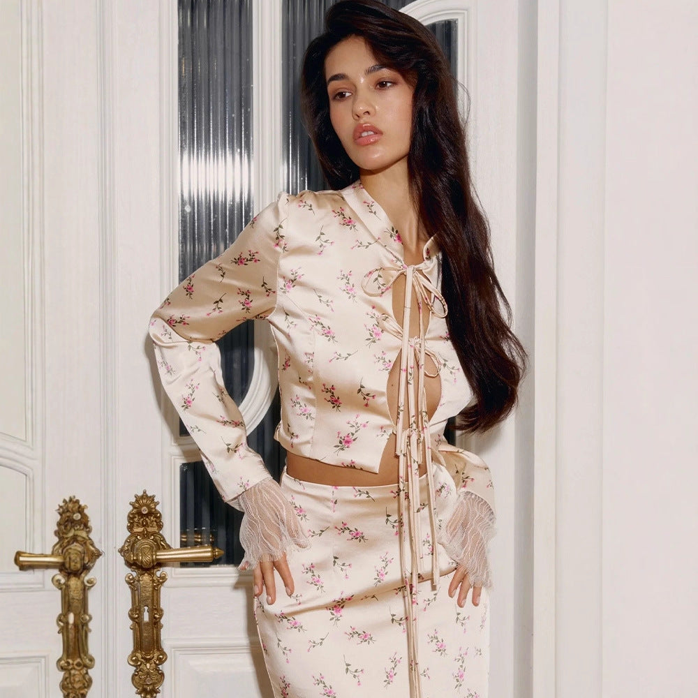 Elegant Long Sleeve Floral Mid Length Skirt Set