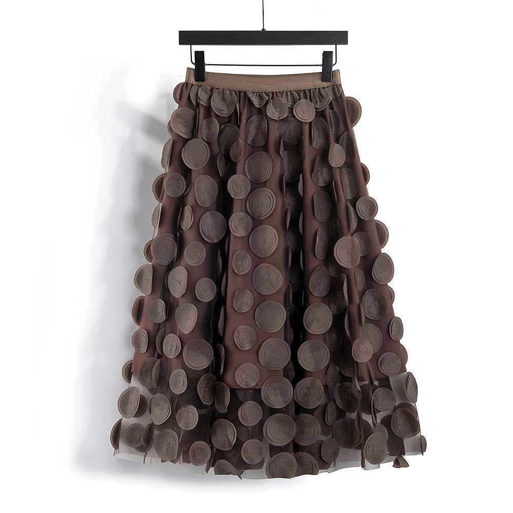 Three Dimensional Patch Stitching Mesh Women Midi Skirt