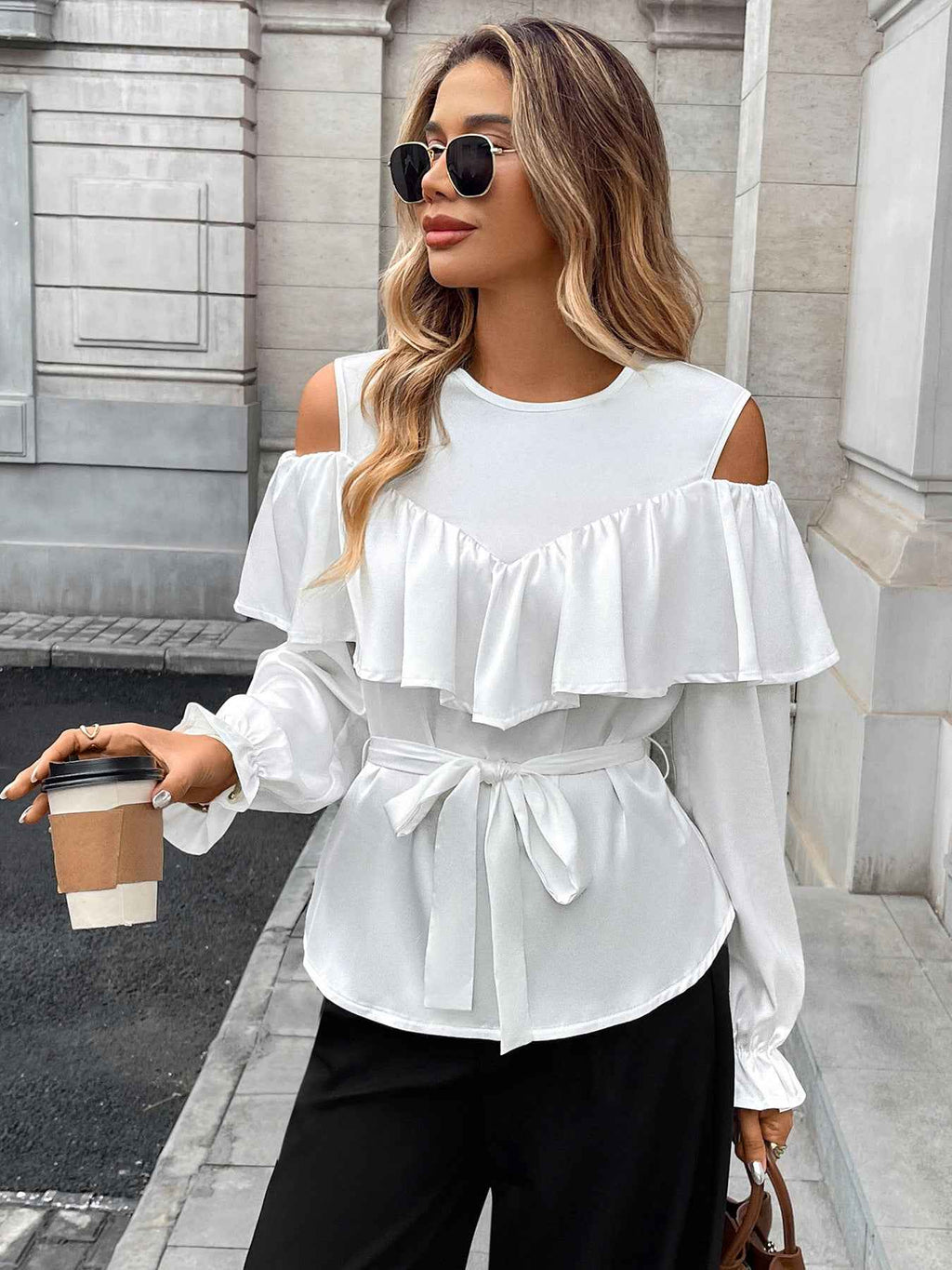 Elegant Long Sleeved Ruffled Off the Shoulder Lace Blouse
