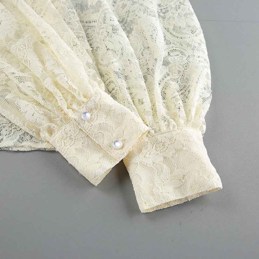 French Ribbon See through Cutout Blouse