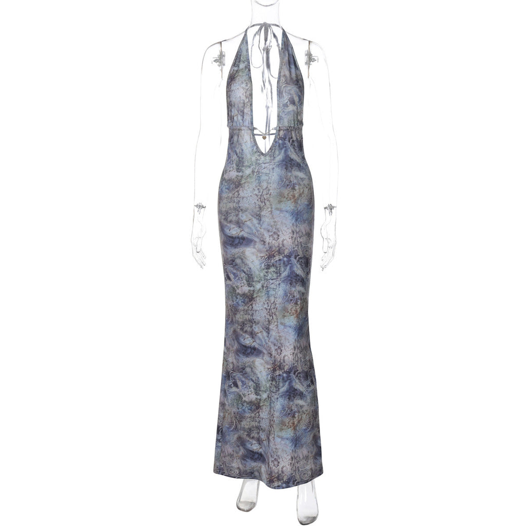 Women Clothing Autumn Printed Sexy Backless Slim Fit Split Lace up Dress