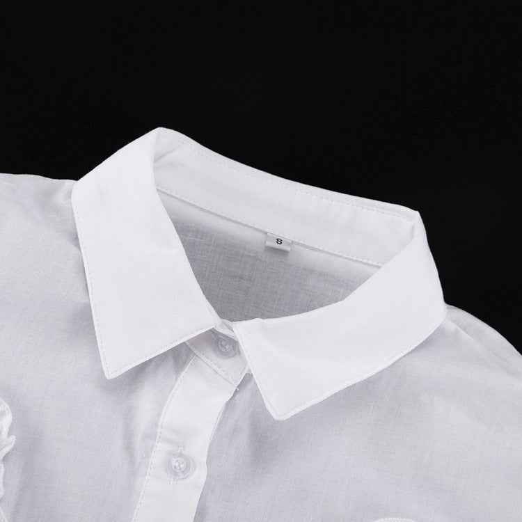 Ruffled Polo Collar Long Sleeve Blouse