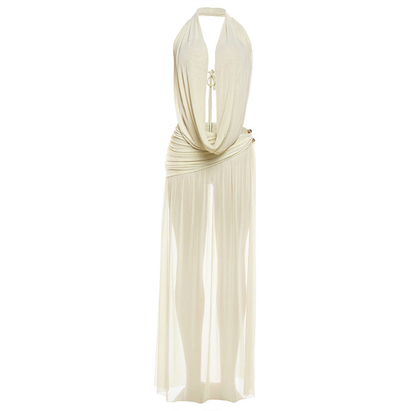 Halter Backless High Split Skirt Set