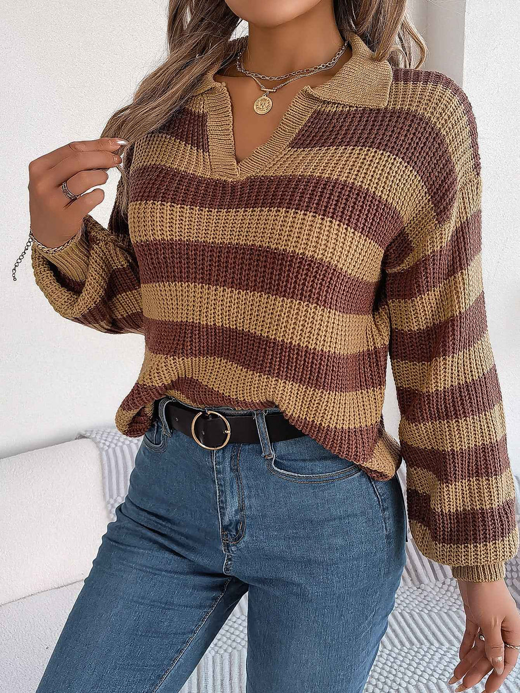 Casual Collar Contrast Color Long Sleeve Knitted Pullover Sweater