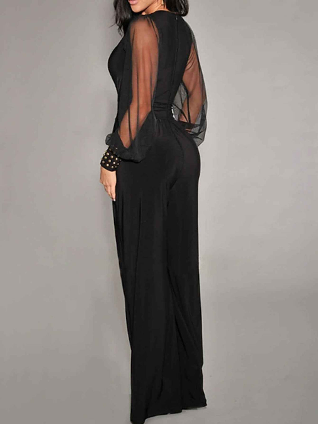V neck Mesh Stitching Rivet Long Sleeve Loose Jumpsuit
