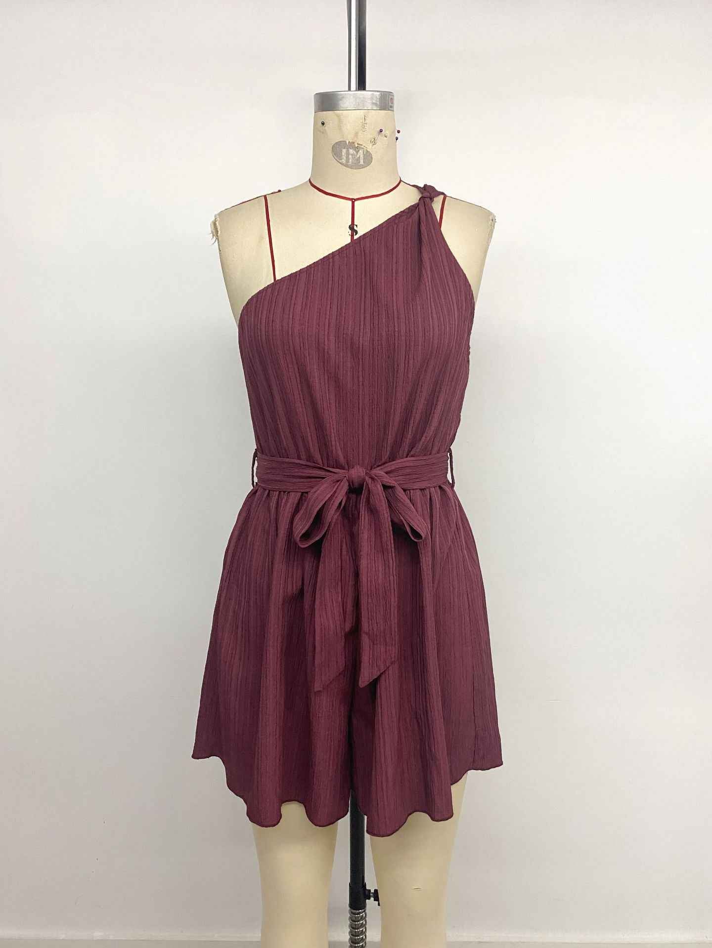Solid Color One Shoulder Lace up Romper