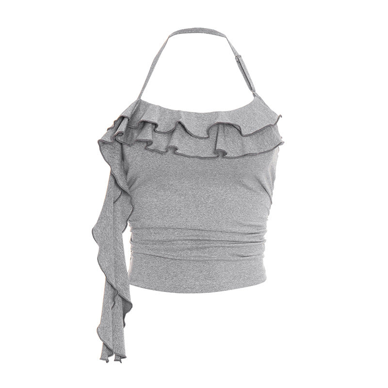 Spring Solid Color Ruffles Tank T-shirt