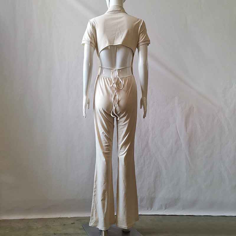 Backless Collared Button Jumpsuit