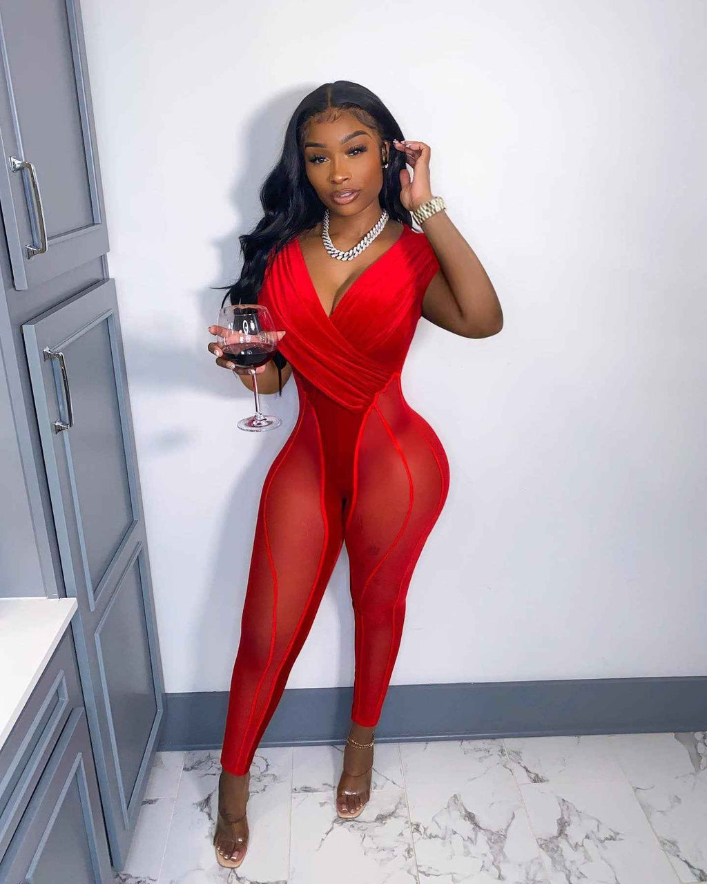 Mesh Velvet Stitching Jumpsuit