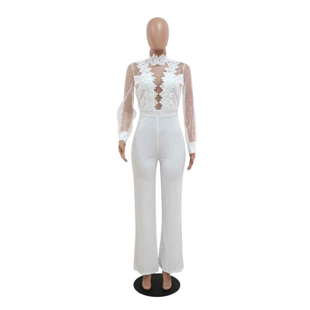 Party Turtleneck Sequin Lace Sheer Long Sleeve Top Loose Jumpsuit Women