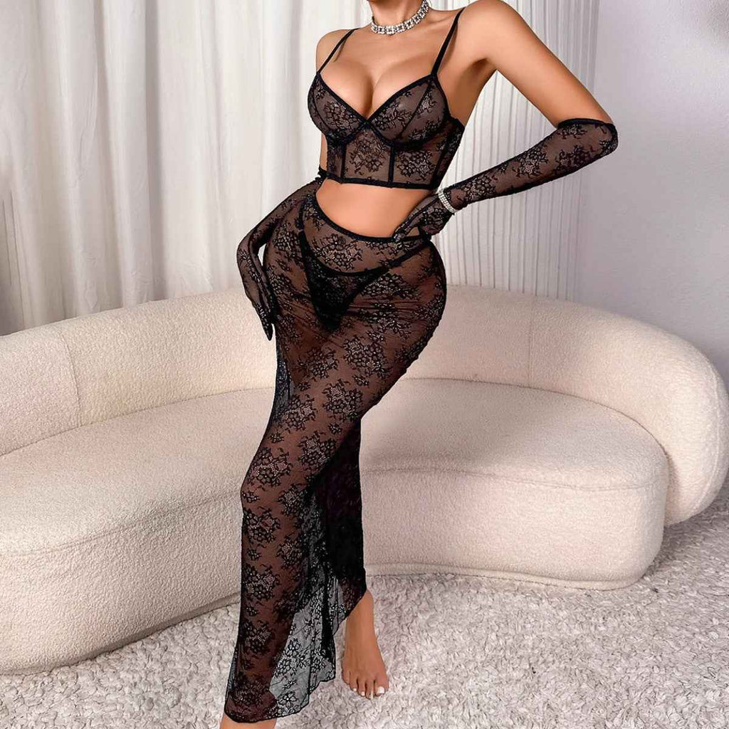 See through Floral Lace Maxi Skirt Body Shaping Split Set with Gloves Lingerie