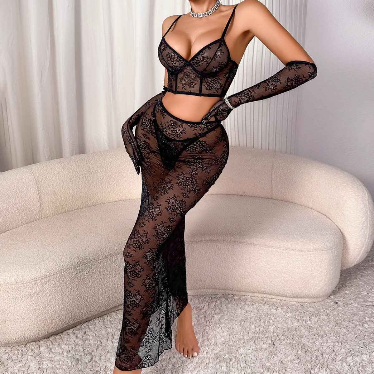 See through Floral Lace Maxi Skirt Body Shaping Split Set with Gloves Lingerie