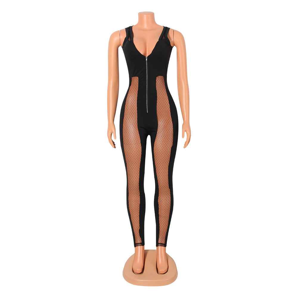 Sexy Mesh See through Stitching Jumpsuit