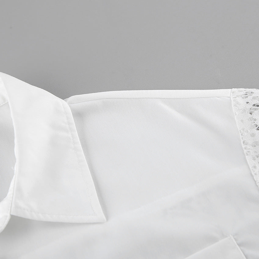 Lace Stitching Hollow Out Long Sleeve Collared Blouse