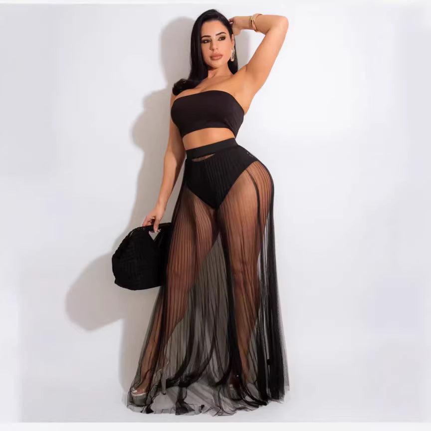 Mesh Pleated Swimsuit Fabric Three Piece Set