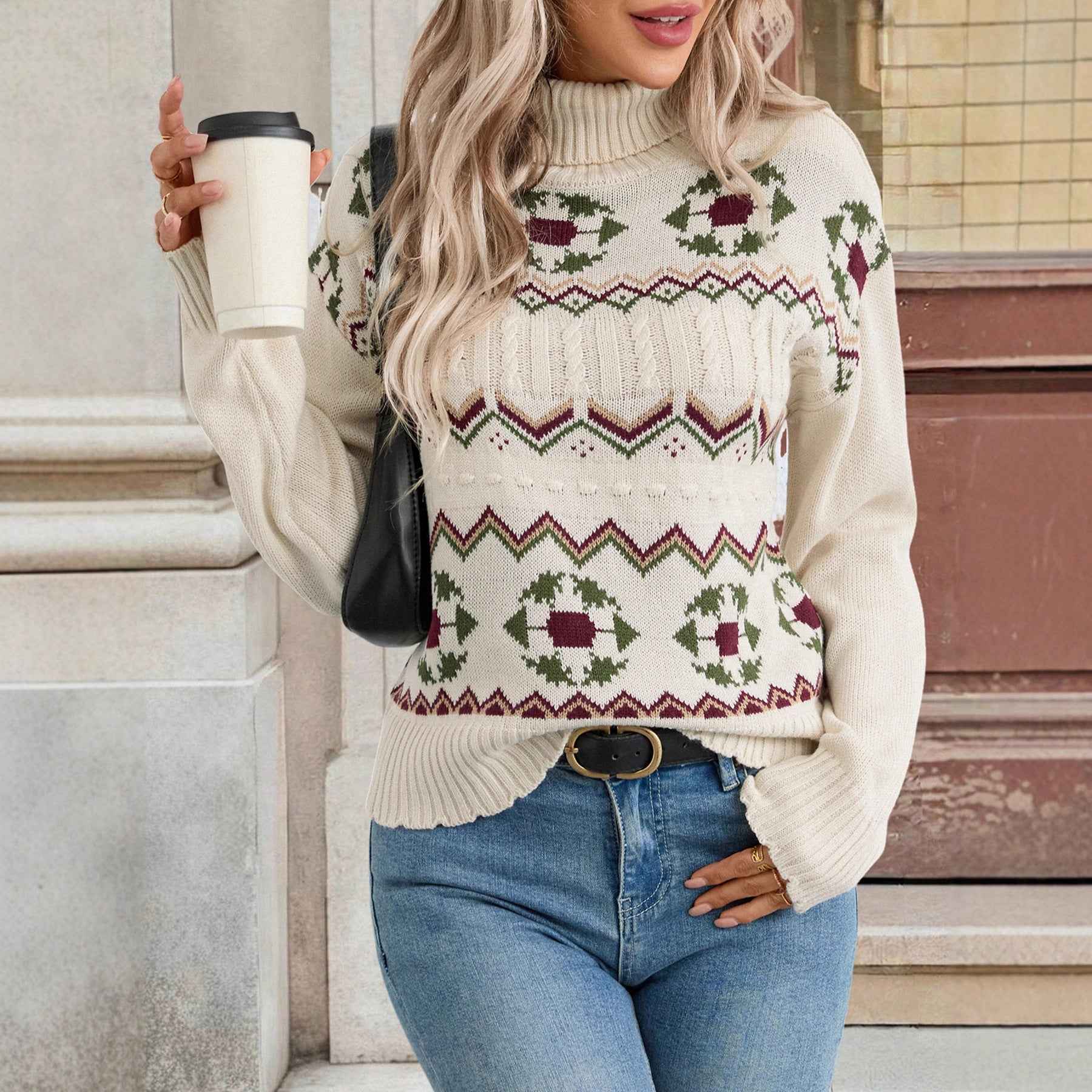 Ethnic Pattern Turtleneck Knitted Jacquard Pullover Sweater Women