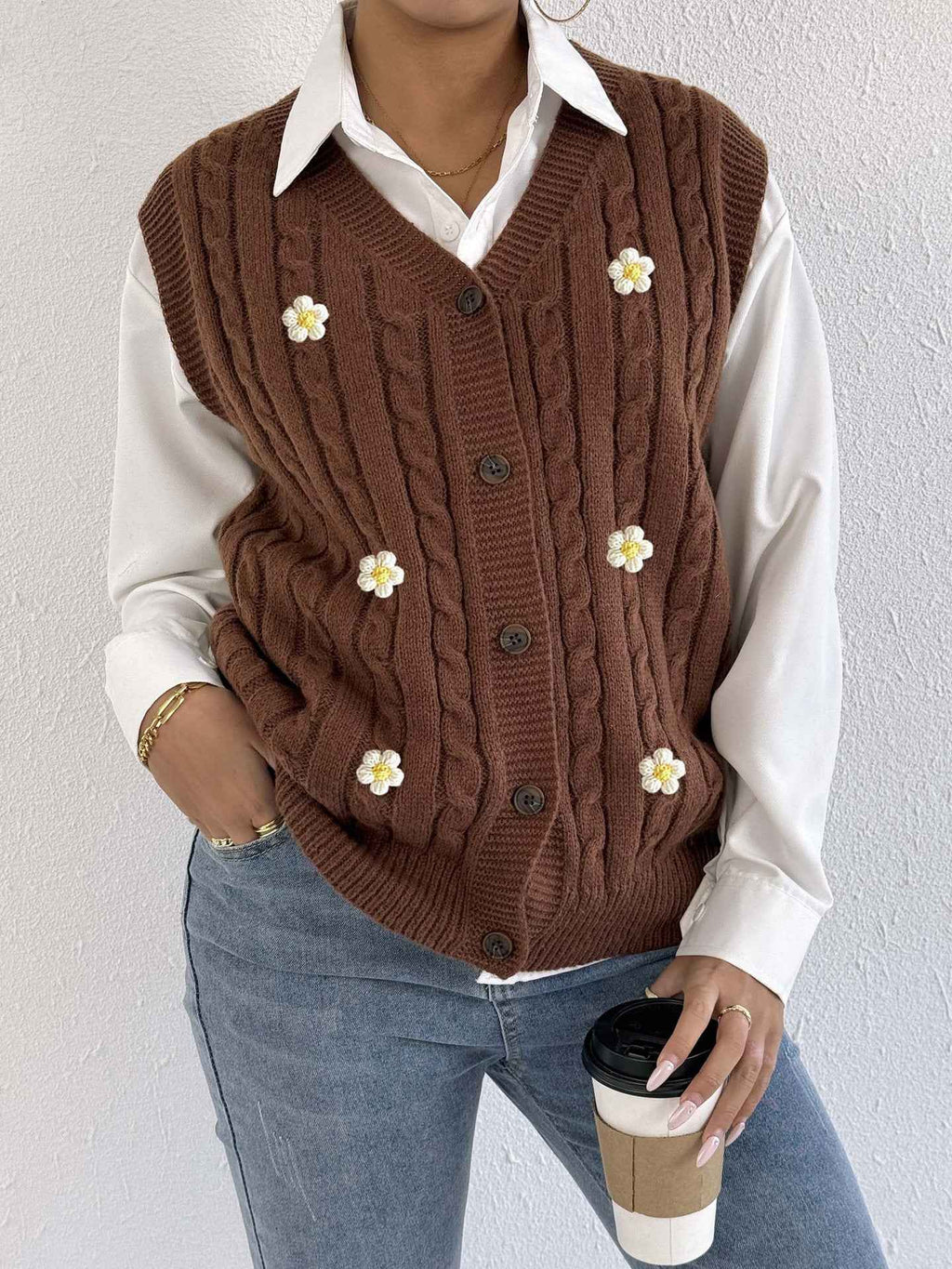 Sweater Vest Twist Woven Three Dimensional Floral Stitching (Small Only)