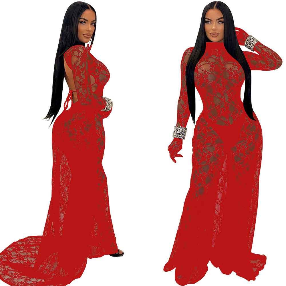 See through Lace Backless Lace up Jumpsuit