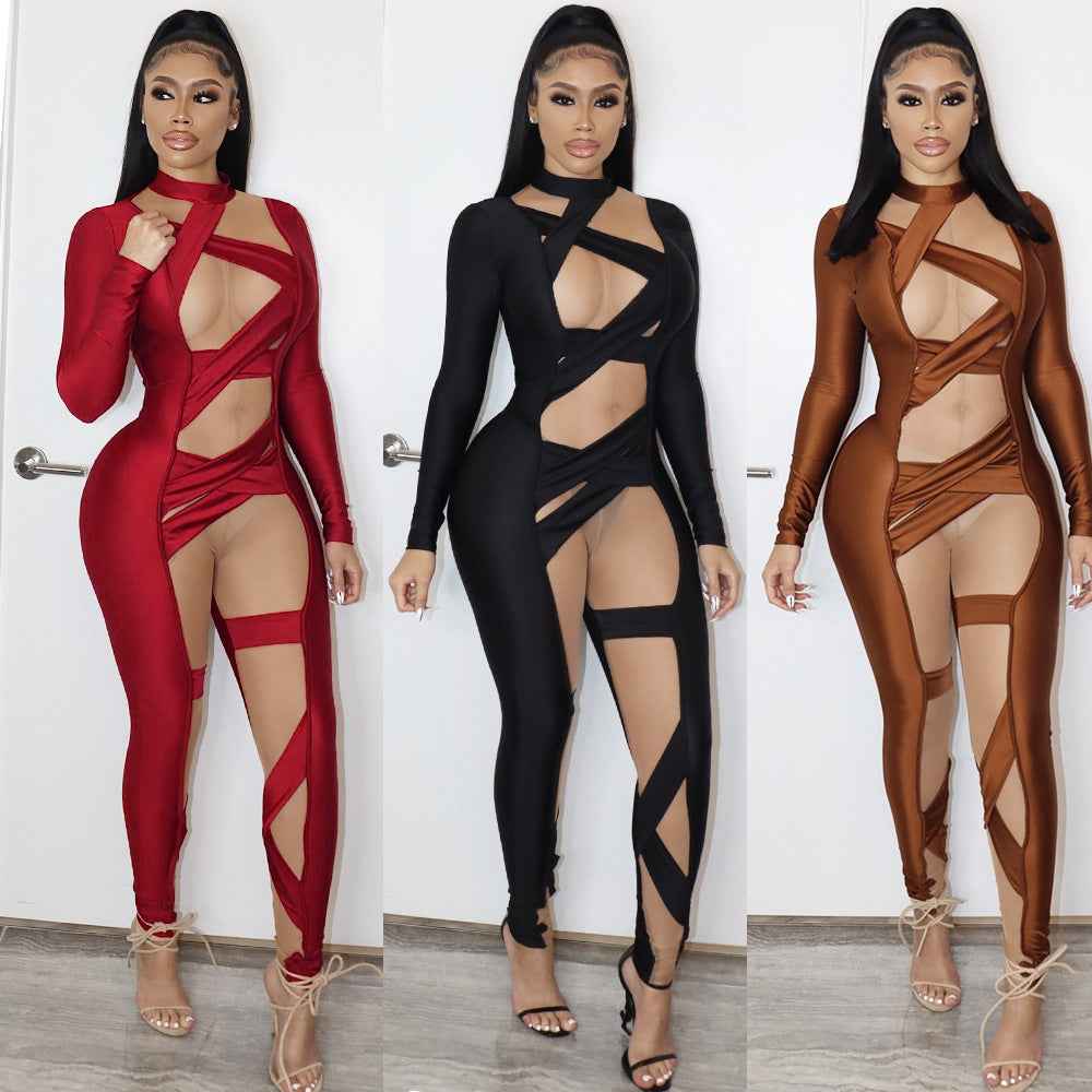 Mesh Bandage Stitched Long Sleeve Jumpsuit for Women