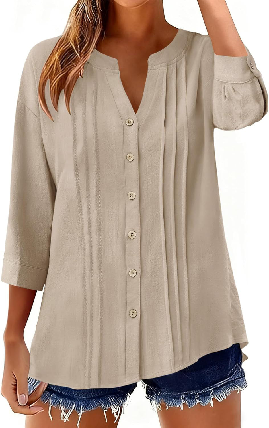 Half Open Collar Single Breasted Pleated Cropped Sleeve Blouse