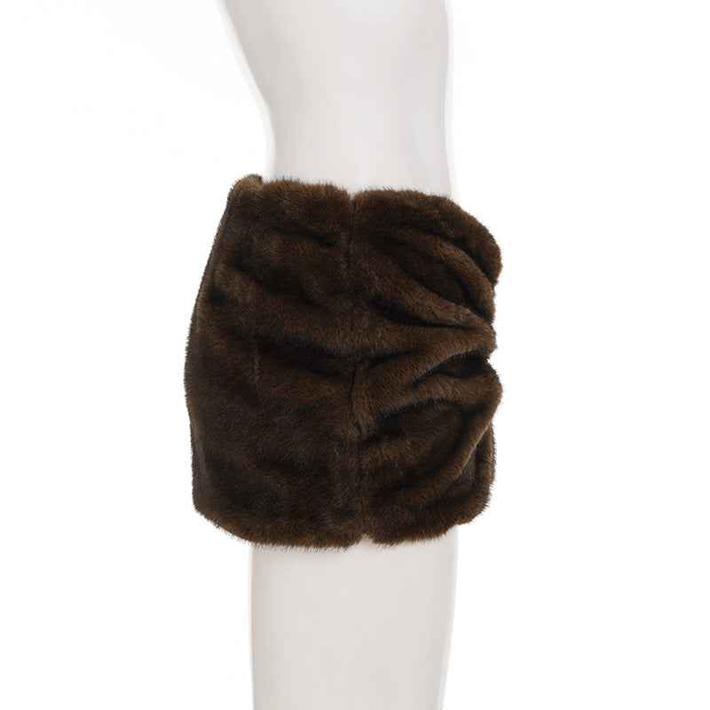 Pleated Low Waist Sexy Fur Sheath Skirt