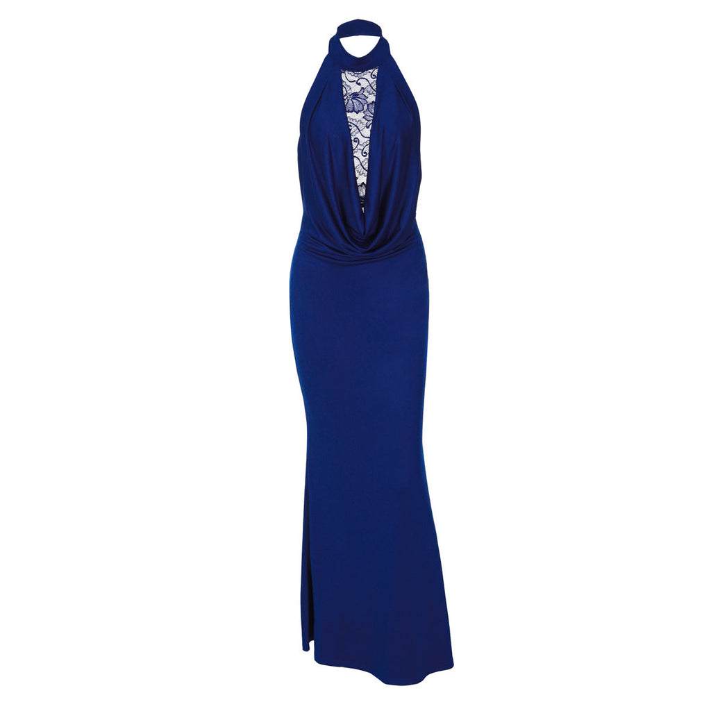 French Women Clothing Winter Lace Stitching Sexy Hollow Out Cutout Backless Split Halter Dress
