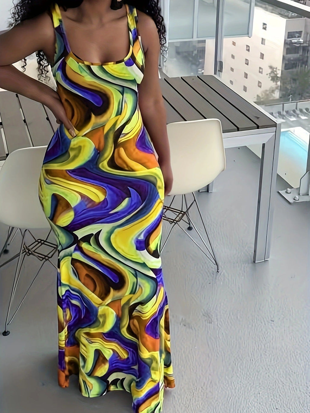 Women Trendy Temuw Women Clothing Printed Wave Pattern Maxi Dress