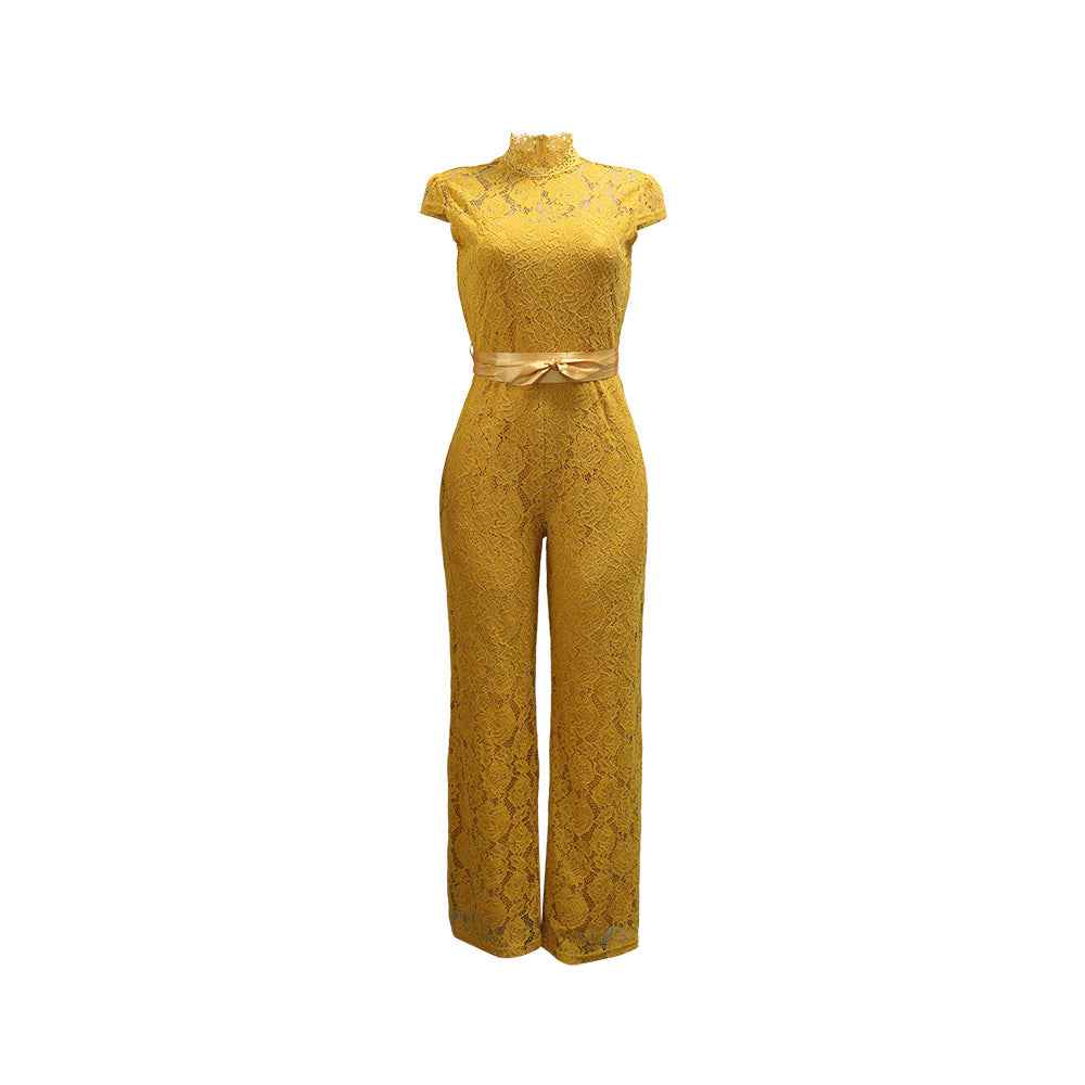 Round Neck Short Sleeve Lace Jumpsuit Wide Leg Pants Women Solid Color Trousers