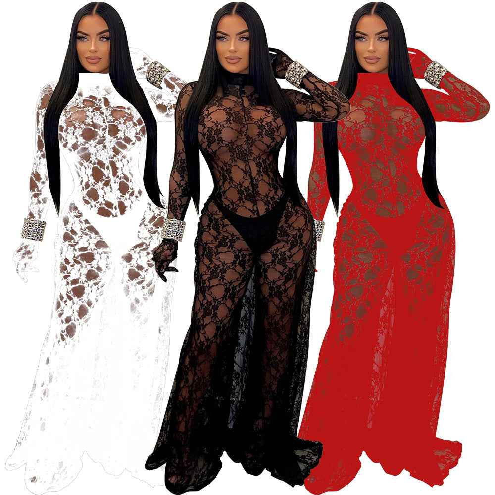 See through Lace Backless Lace up Jumpsuit