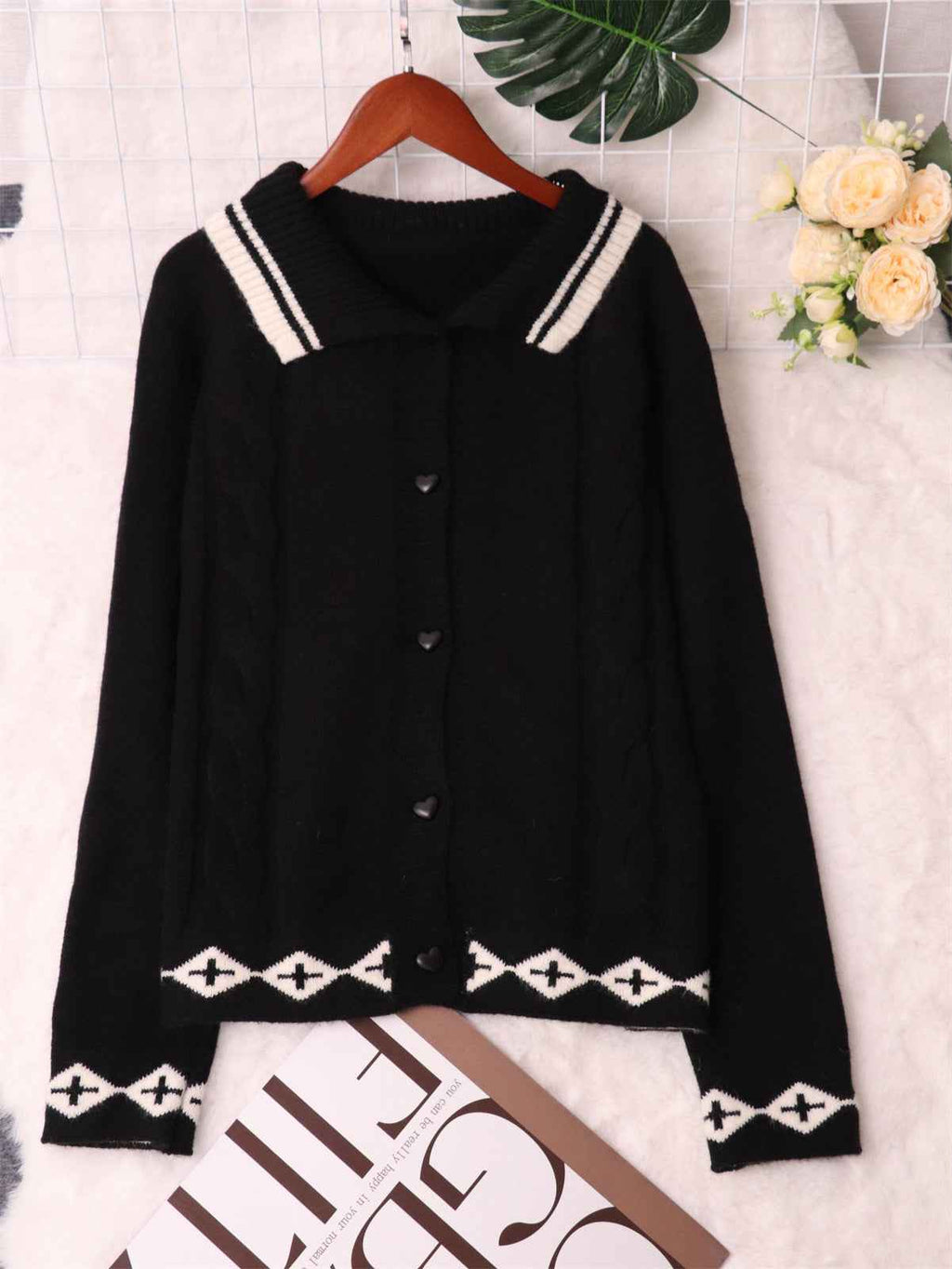 Valentine's Day Retro Pattern Cute Love Button Long Sleeve Knit Cardigan Sweater