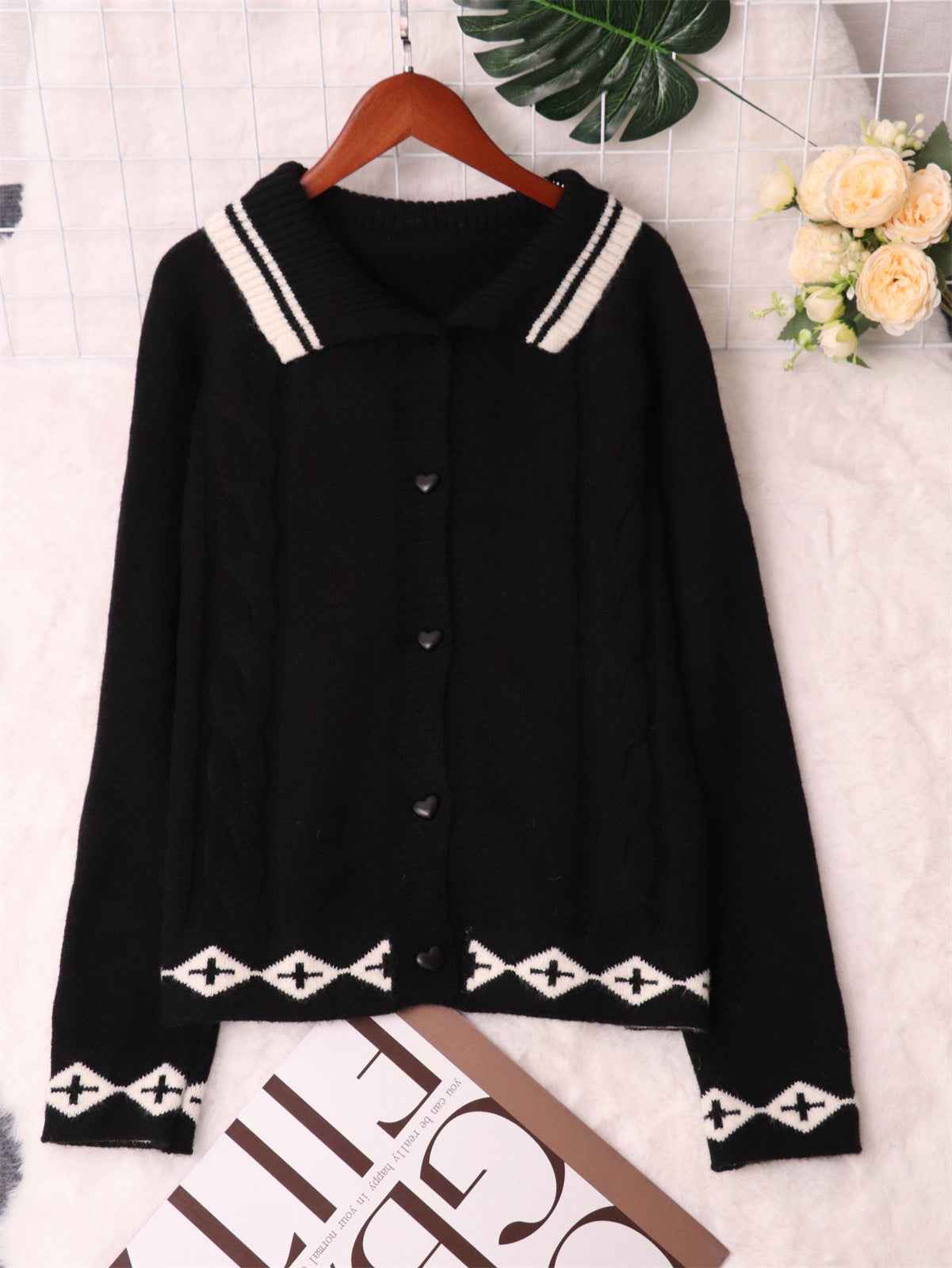 Valentine's Day Retro Pattern Cute Love Button Long Sleeve Knit Cardigan Sweater