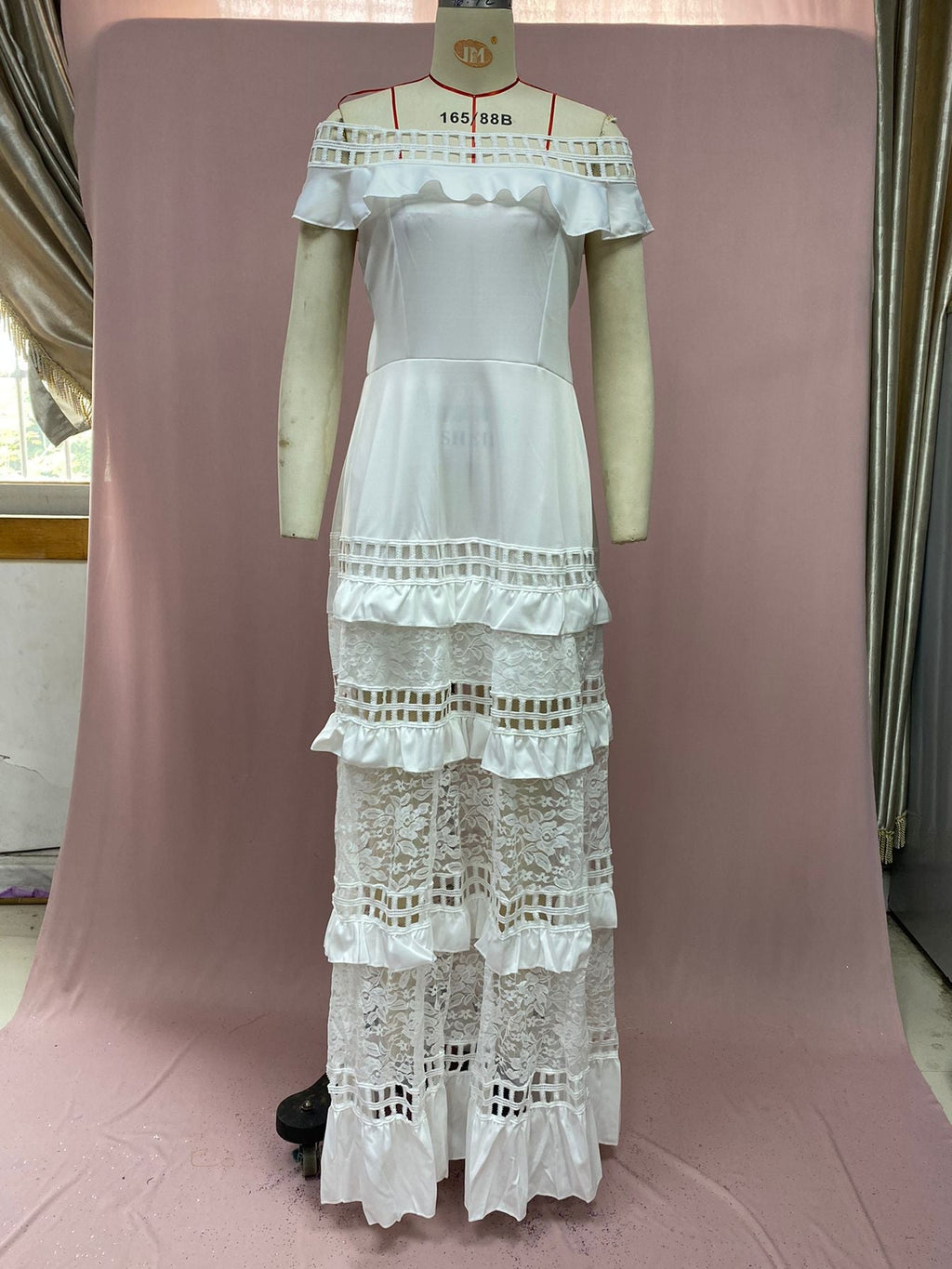 Ruffled Hollow Out Cutout Wide Hem Lace Long Dress