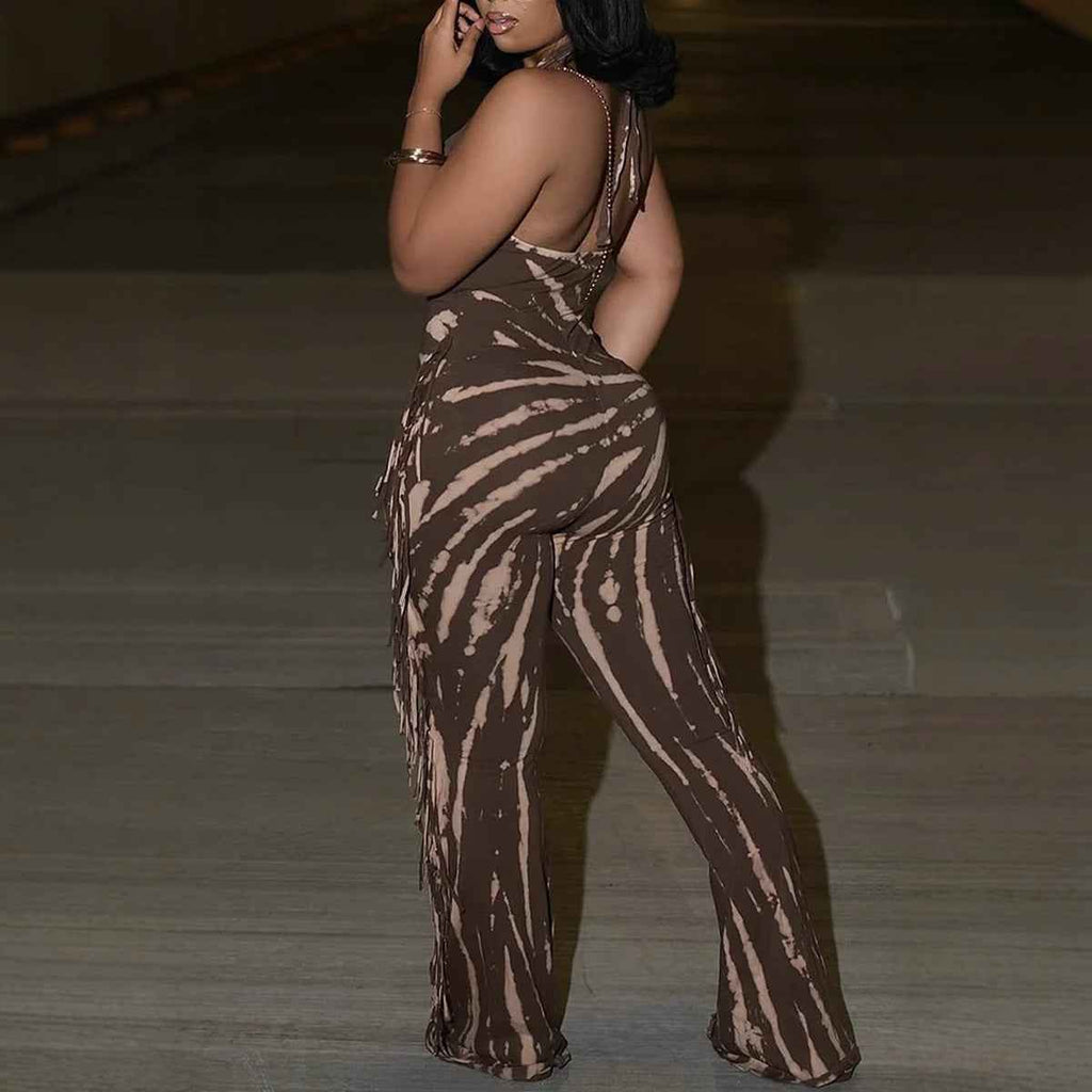 Elegant Sexy Slim Fit Stretch Backless Tassel Printed Halter Strap Micro Pull Jumpsuit