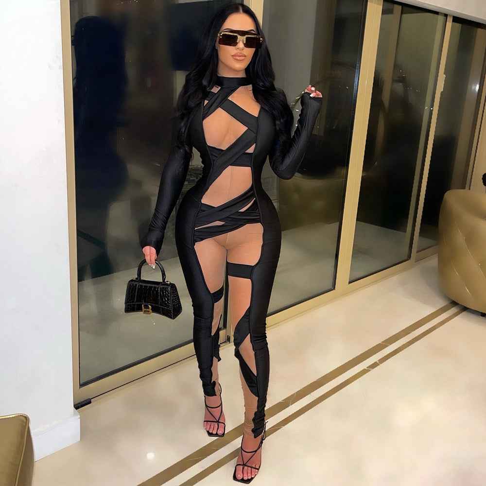 Mesh Bandage Stitched Long Sleeve Jumpsuit for Women