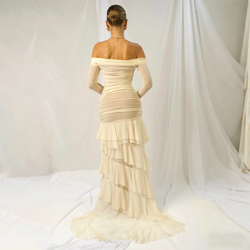 Slim Irregular Asymmetric Pleated Waist Tight Long Sleeve off Shoulder Elegant Dress for Women