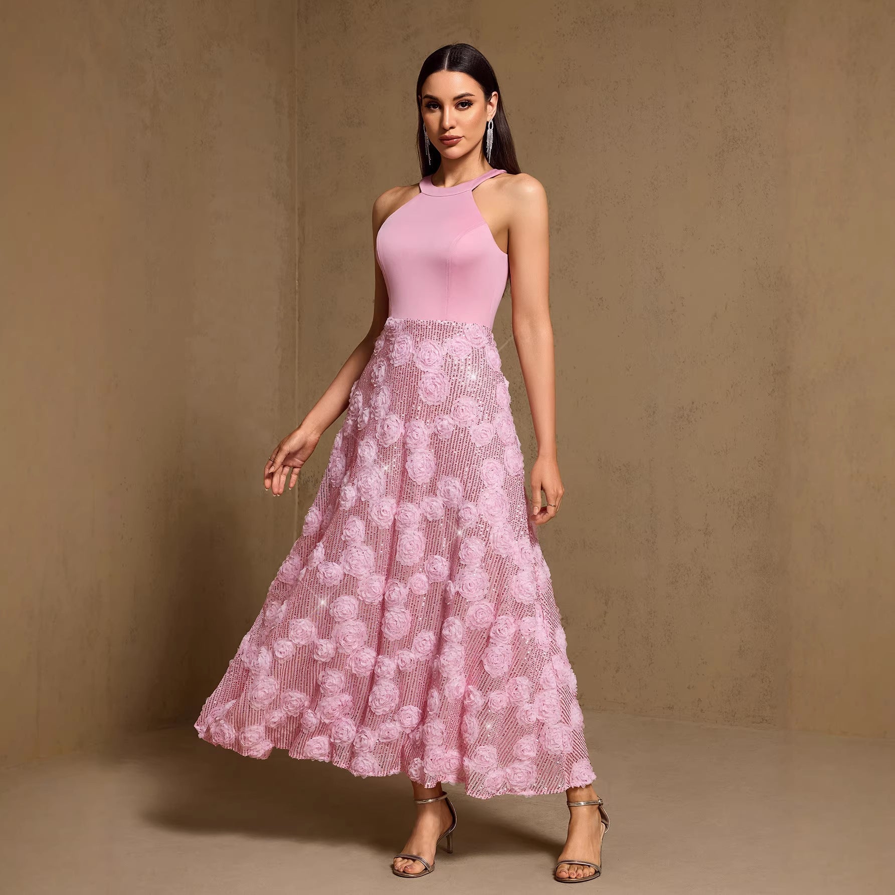 Spring Summer Print Heavy Industry Stitching Large Hem Fully Lined Evening Dress