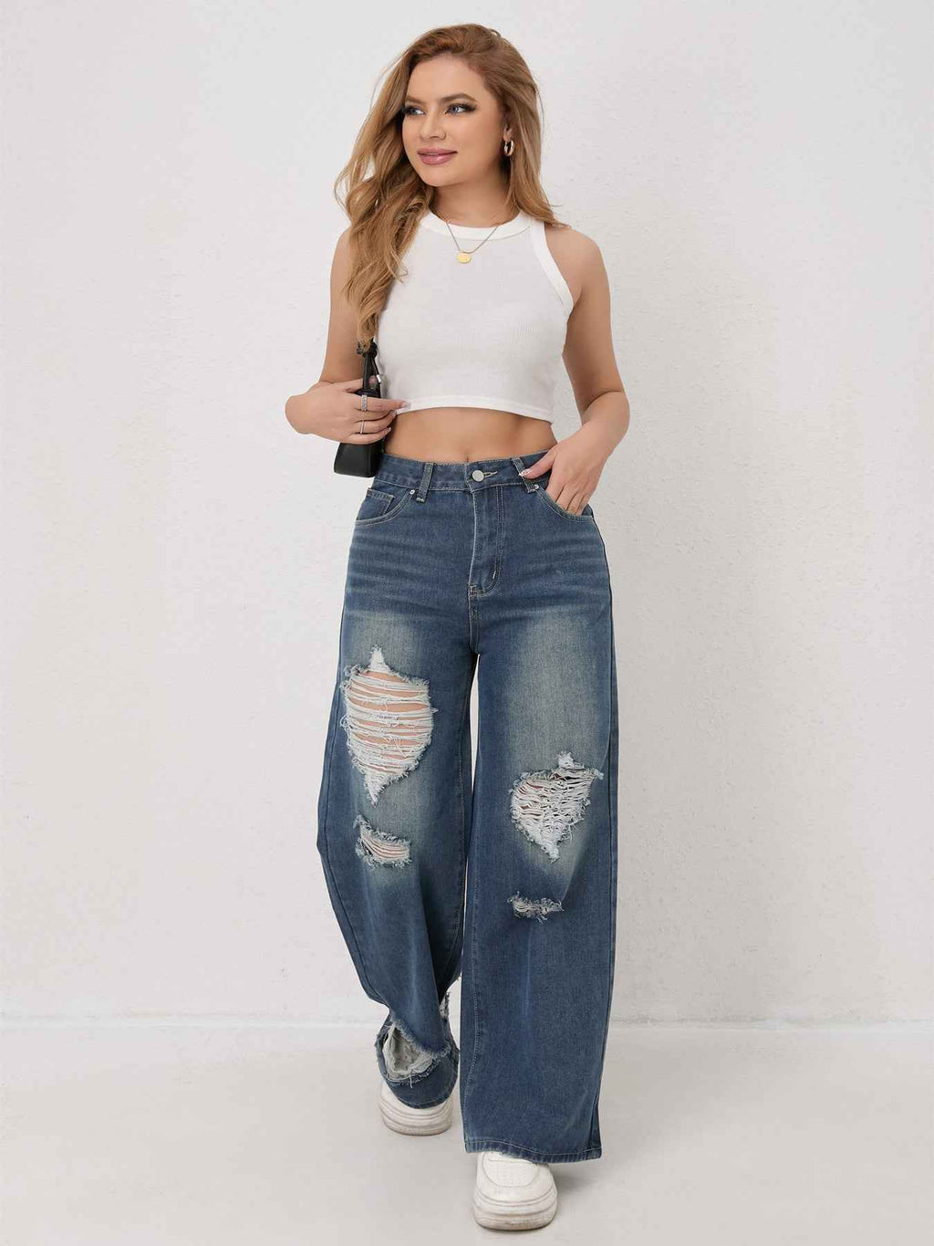 Distressed Worn Wide Leg Jeans