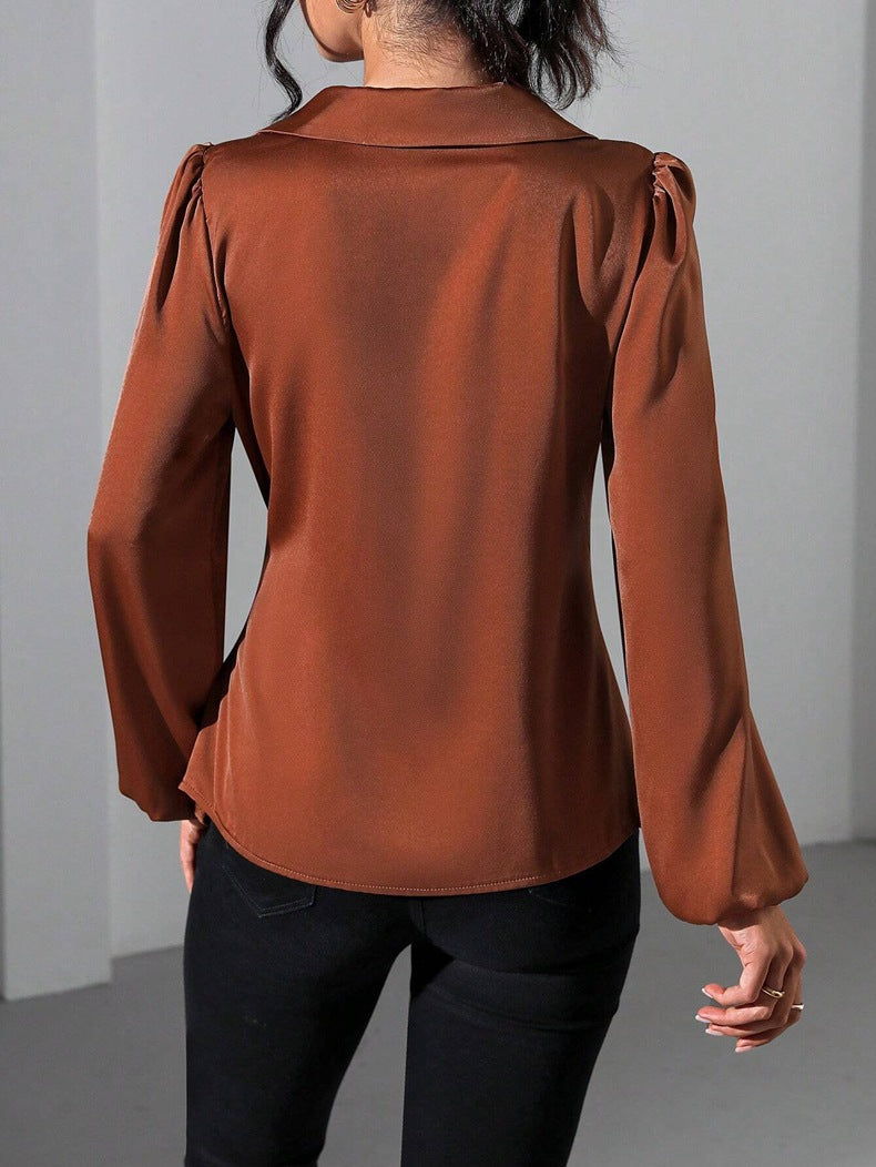 Long Sleeved Satin Lace up Cinched Blouse