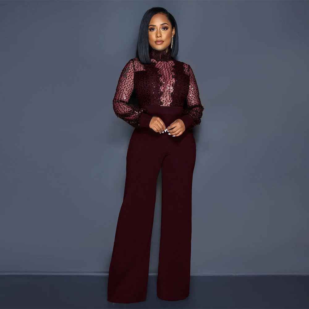 Party Turtleneck Sequin Lace Sheer Long Sleeve Top Loose Jumpsuit Women