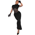 Women Clothing Sexy round Neck Slim Fit Slimming See through Split Short Sleeve Elegant Dress
