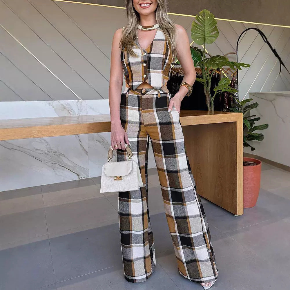 Plaid Sleeveless Vest Straight-leg Jumpsuit