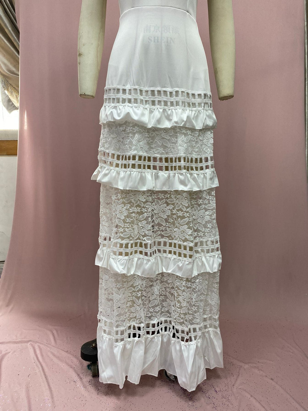 Ruffled Hollow Out Cutout Wide Hem Lace Long Dress