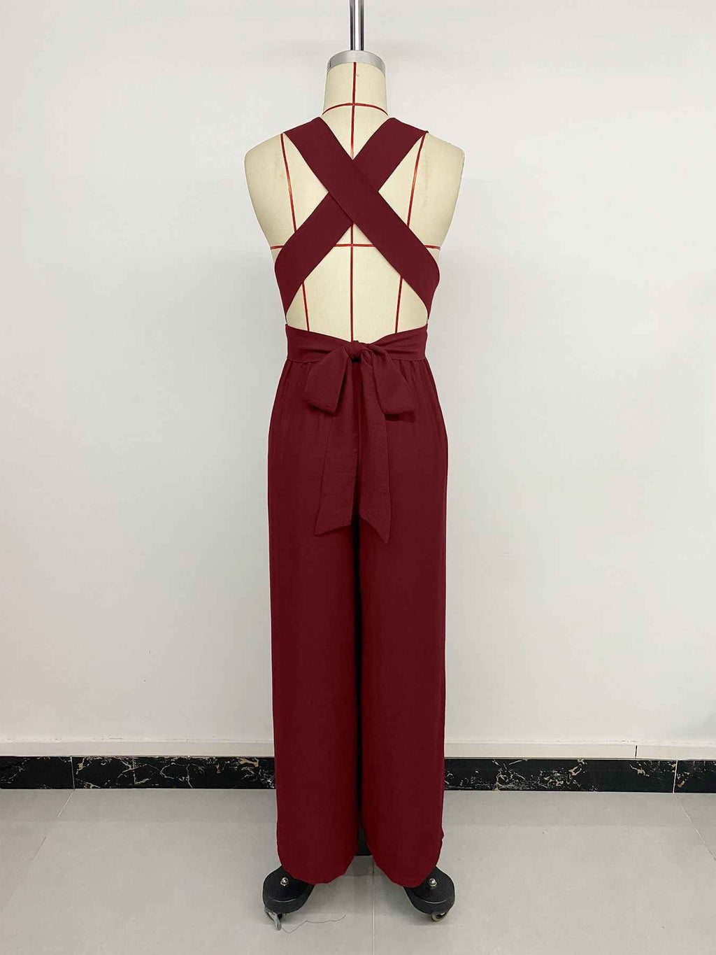 Women Clothing Elegant Cross Backless Lace up Sleeveless Long Wide Leg Jumpsuit