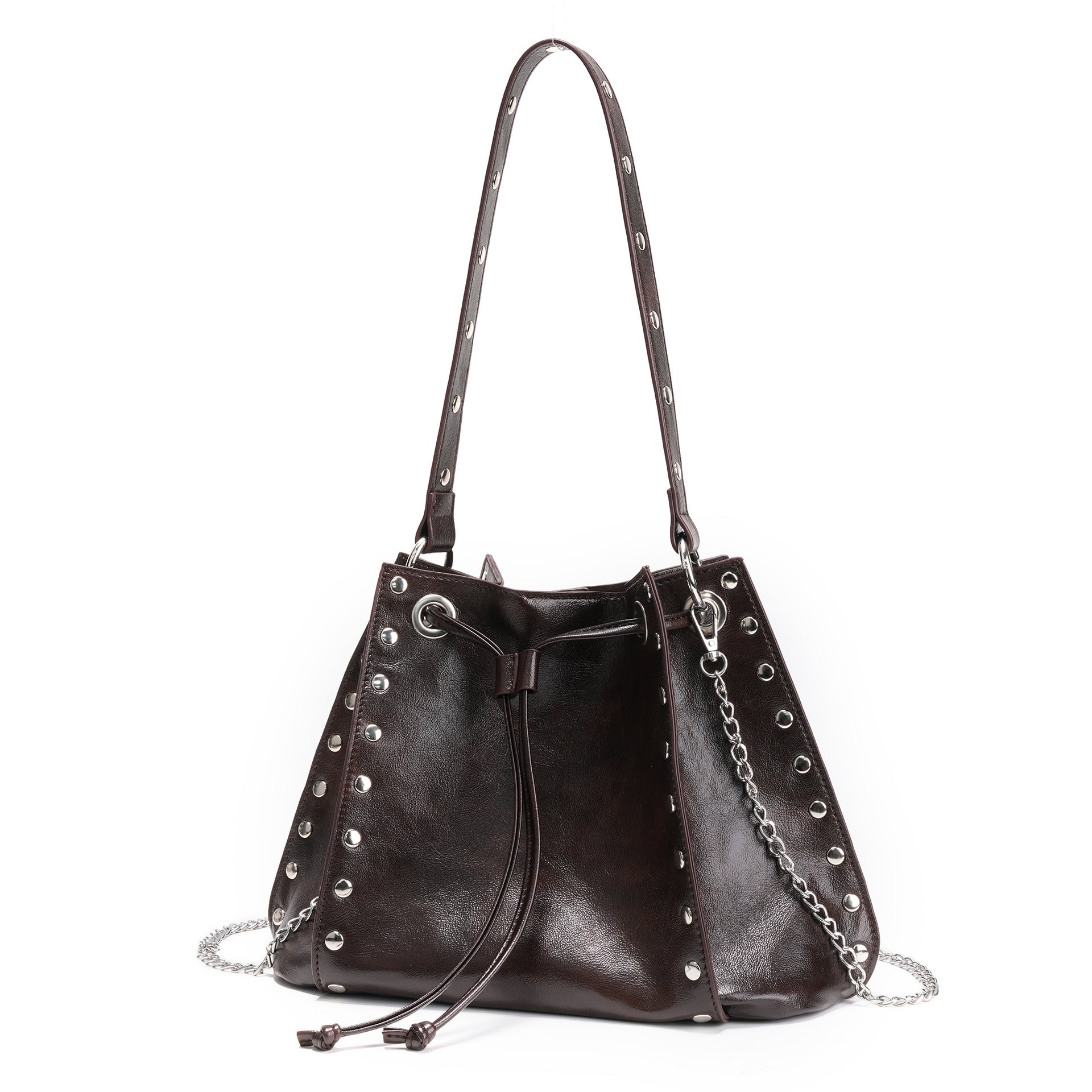 Simple Underarm Rivet Bucket Bag Retro Women's HandBag